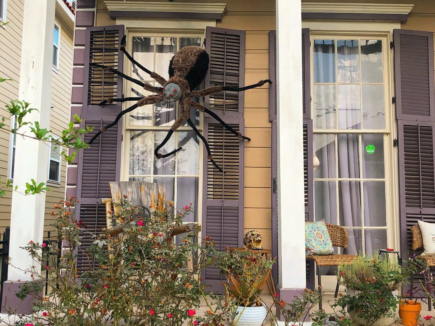 A large decorative spider is perched on the porch of a house, with plants and furniture visible in the foreground.