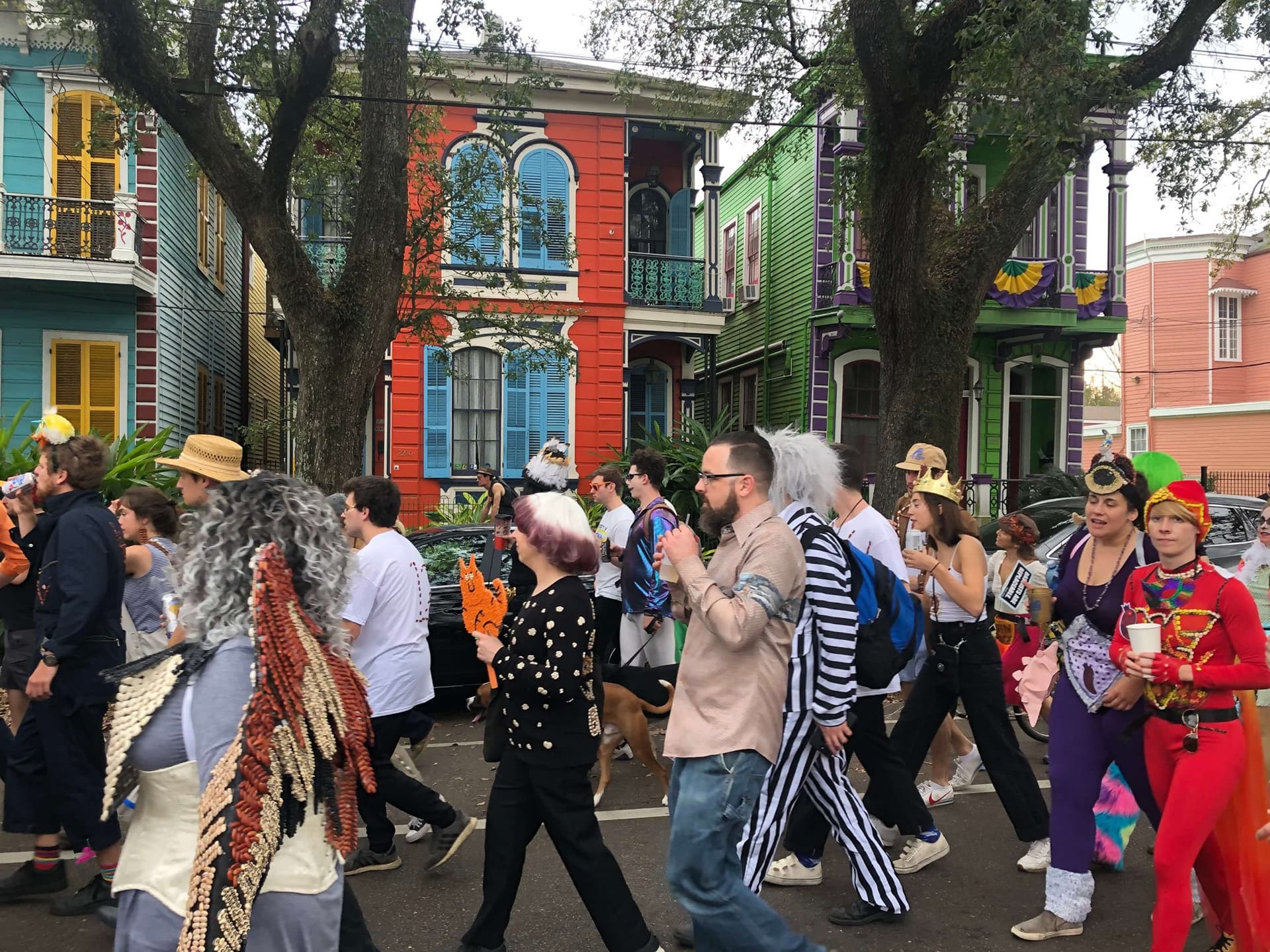A vibrant crowd in costumes walks past colorful historic homes in a festive parade.