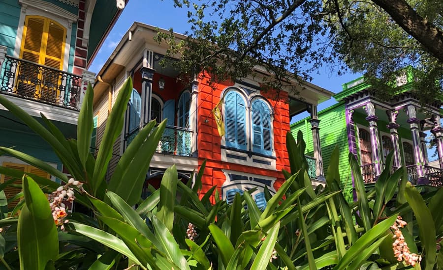 Colorful Victorian-style houses surrounded by lush greenery.