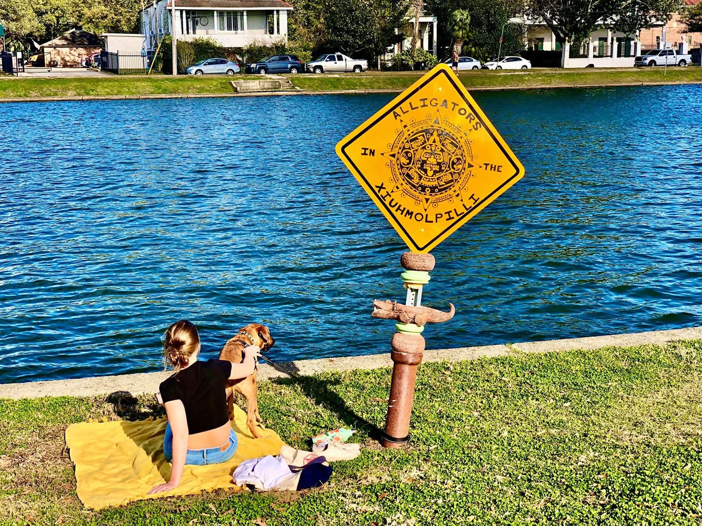 A person sits on a blanket by a river, accompanied by a dog, next to a warning sign about alligators.